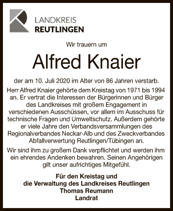 Anzeige von Alfred Knaier von Reutlinger General-Anzeiger