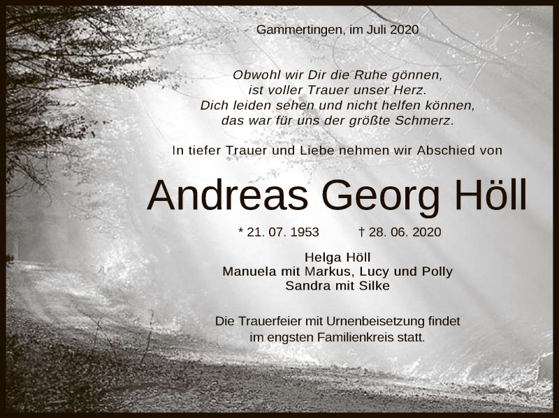  Traueranzeige für Andreas Georg Höll vom 03.07.2020 aus Reutlinger General-Anzeiger