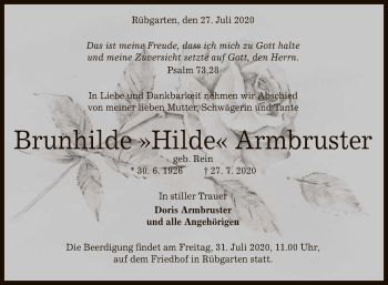 Anzeige von Brunhilde Arrmbruster von Reutlinger General-Anzeiger