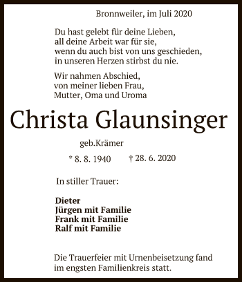 Anzeige von Christa Glaunsinger von Reutlinger General-Anzeiger