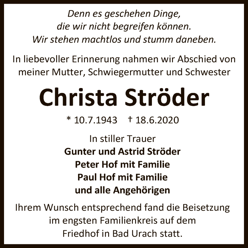  Traueranzeige für Christa Ströder vom 04.07.2020 aus Reutlinger General-Anzeiger