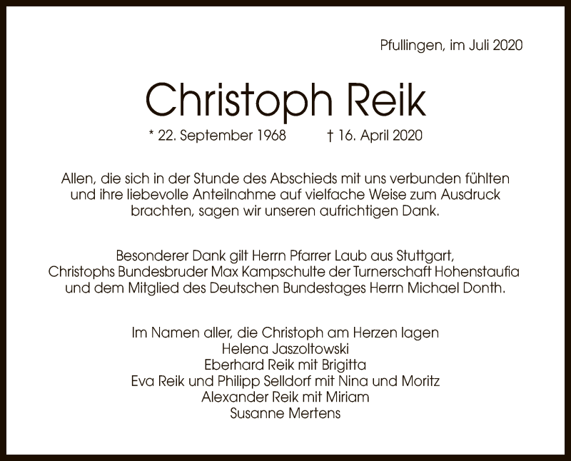  Traueranzeige für Christoph Reik vom 03.07.2020 aus Reutlinger General-Anzeiger