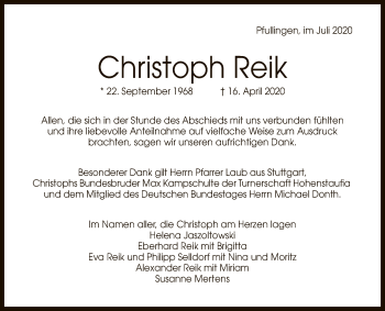 Anzeige von Christoph Reik von Reutlinger General-Anzeiger