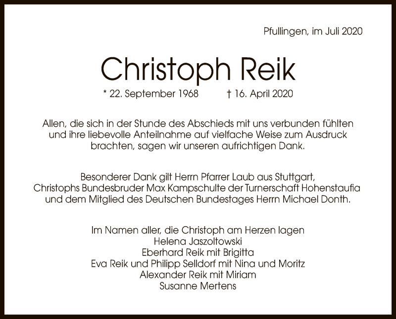  Traueranzeige für Christoph Reik vom 07.07.2020 aus Reutlinger General-Anzeiger