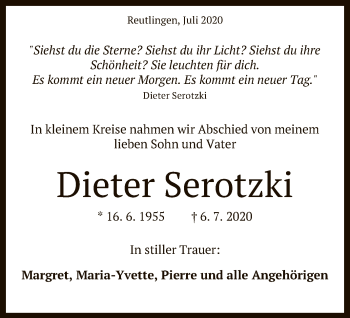 Anzeige von Dieter Serotzki von Reutlinger General-Anzeiger