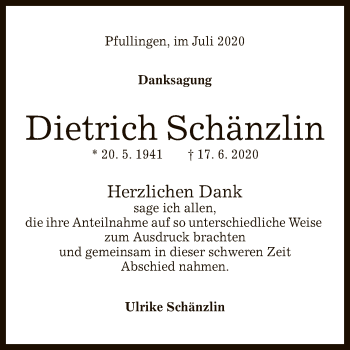 Anzeige von Dietrich Schänzlin von Reutlinger General-Anzeiger
