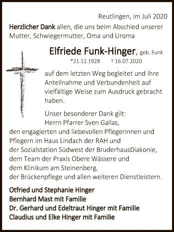 Anzeige von Elfriede Funk-Hinger von Reutlinger General-Anzeiger