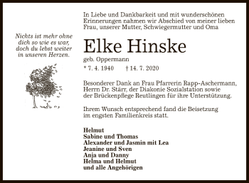 Anzeige von Elke Hinske von Reutlinger General-Anzeiger