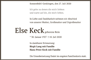 Anzeige von Else Keck von Reutlinger General-Anzeiger