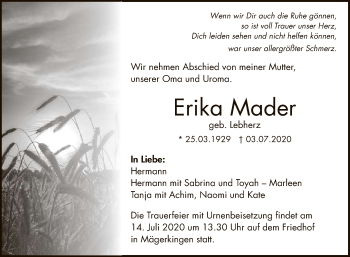 Anzeige von Erika Mader von Reutlinger General-Anzeiger