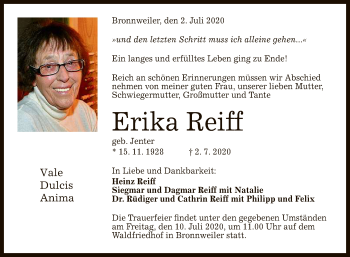 Anzeige von Erika Reiff von Reutlinger General-Anzeiger