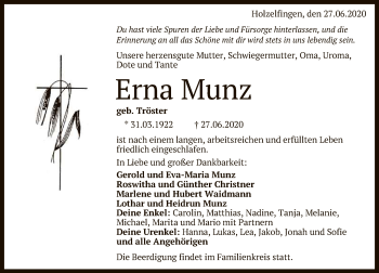 Anzeige von Erna Munz von Reutlinger General-Anzeiger