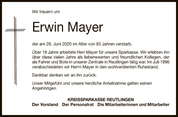 Anzeige von Erwin Mayer von Reutlinger General-Anzeiger