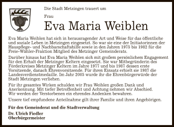 Anzeige von Eva Maria Weiblen von Reutlinger General-Anzeiger