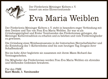 Anzeige von Eva Maria Weiblen von Reutlinger General-Anzeiger