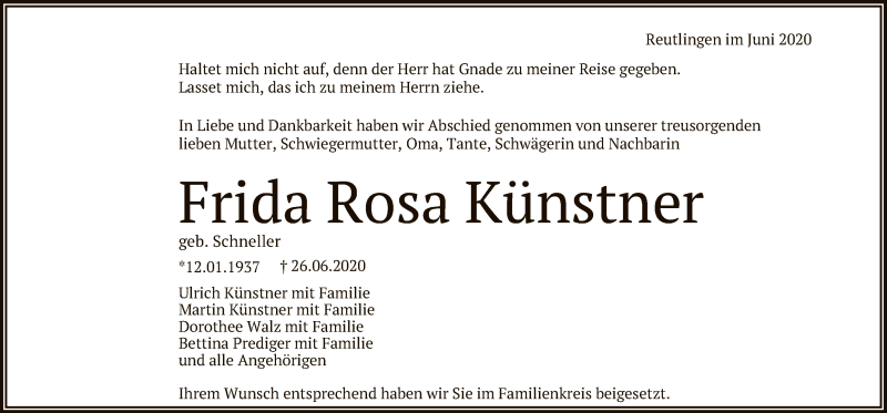  Traueranzeige für Frida Rosa Künstner vom 25.07.2020 aus Reutlinger General-Anzeiger