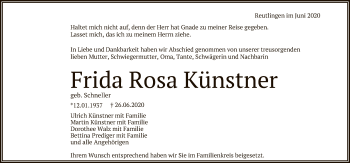 Anzeige von Frida Rosa Künstner von Reutlinger General-Anzeiger