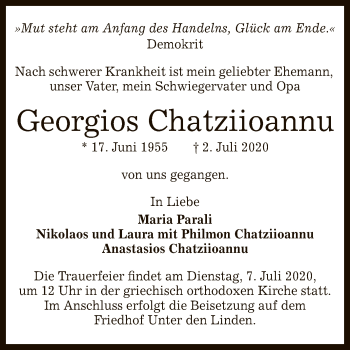 Anzeige von Georgios Chatziioannu von Reutlinger General-Anzeiger