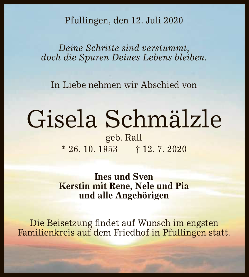  Traueranzeige für Gisela Schmälzle vom 14.07.2020 aus Reutlinger General-Anzeiger