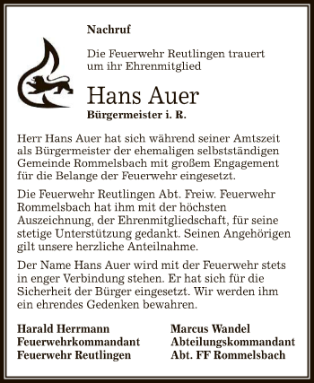 Anzeige von Hans Auer von Reutlinger General-Anzeiger