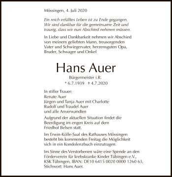 Anzeige von Hans Auer von Reutlinger General-Anzeiger