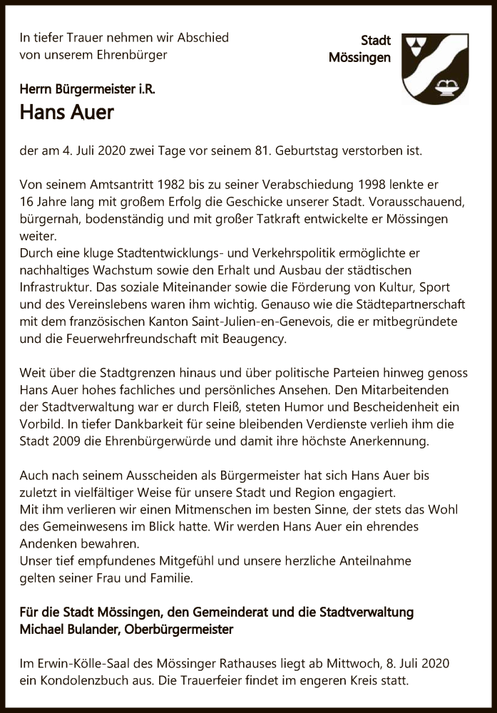  Traueranzeige für Hans Auer vom 08.07.2020 aus Reutlinger General-Anzeiger
