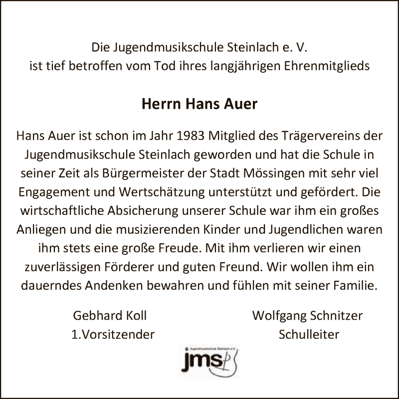  Traueranzeige für Hans Auer vom 08.07.2020 aus Reutlinger General-Anzeiger