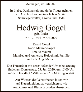 Anzeige von Hedwig Gogel von Reutlinger General-Anzeiger