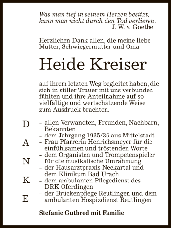 Anzeige von Heide Kreiser von Reutlinger General-Anzeiger