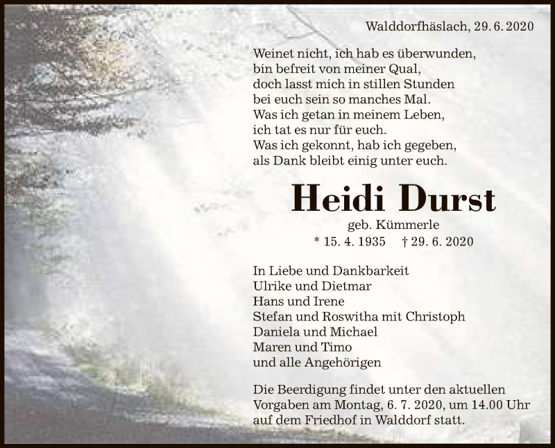  Traueranzeige für Heidi Durst vom 03.07.2020 aus Reutlinger General-Anzeiger
