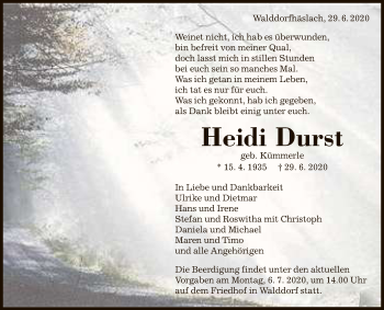 Anzeige von Heidi Durst von Reutlinger General-Anzeiger