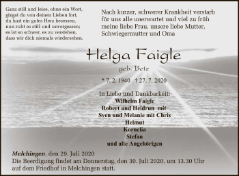 Anzeige von Helga Faigle von Reutlinger General-Anzeiger