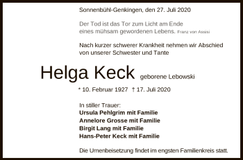 Anzeige von Helga Keck von Reutlinger General-Anzeiger