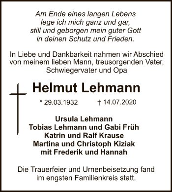 Anzeige von Helmut Lehmann von Reutlinger General-Anzeiger