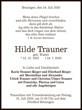 Anzeige von Hilde Trauner von Reutlinger General-Anzeiger
