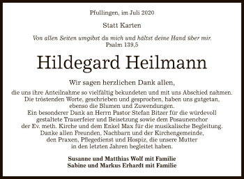 Anzeige von Hildegard Heilmann von Reutlinger General-Anzeiger