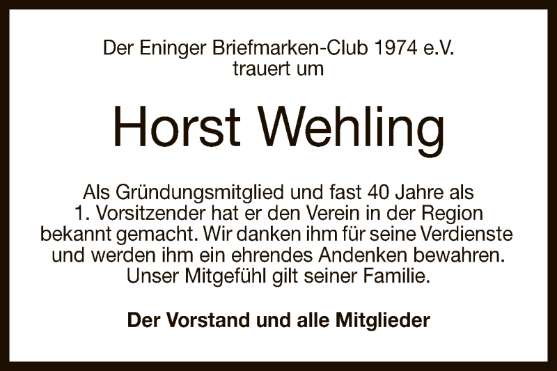  Traueranzeige für Horst Wehling vom 07.07.2020 aus Reutlinger General-Anzeiger