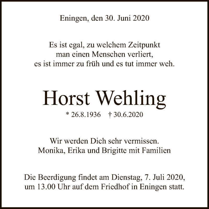  Traueranzeige für Horst Wehling vom 04.07.2020 aus Reutlinger General-Anzeiger