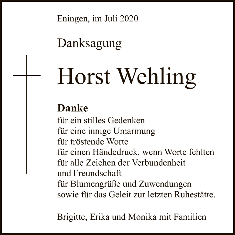  Traueranzeige für Horst Wehling vom 18.07.2020 aus Reutlinger General-Anzeiger