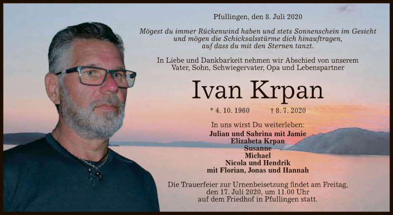  Traueranzeige für Ivan Krpan vom 14.07.2020 aus Reutlinger General-Anzeiger