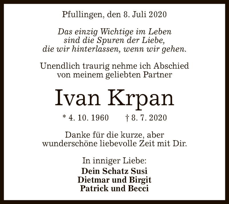  Traueranzeige für Ivan Krpan vom 14.07.2020 aus Reutlinger General-Anzeiger