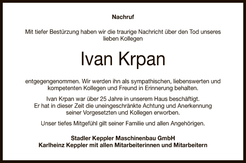  Traueranzeige für Ivan Krpan vom 15.07.2020 aus Reutlinger General-Anzeiger