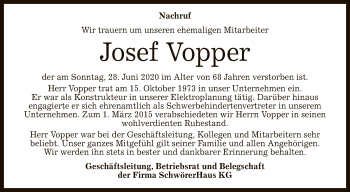 Anzeige von Josef Vopper von Reutlinger General-Anzeiger