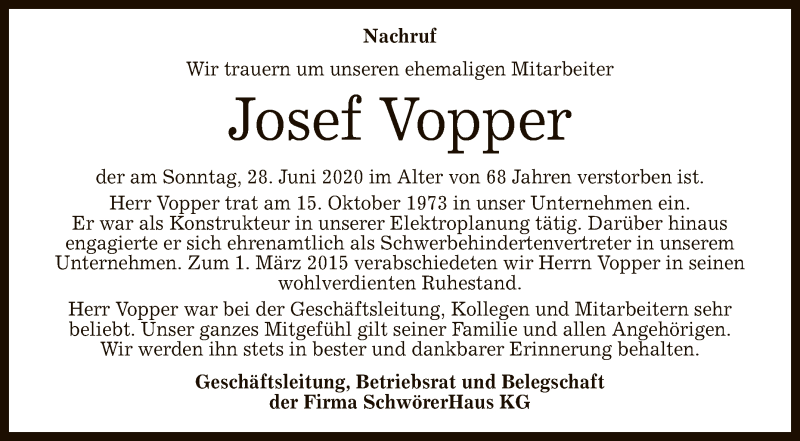  Traueranzeige für Josef Vopper vom 04.07.2020 aus Reutlinger General-Anzeiger