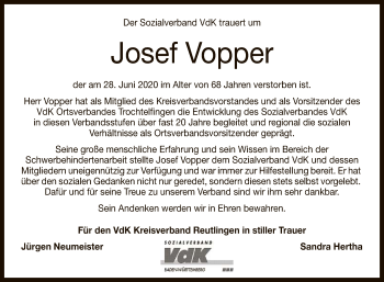 Anzeige von Josef Vopper von Reutlinger General-Anzeiger