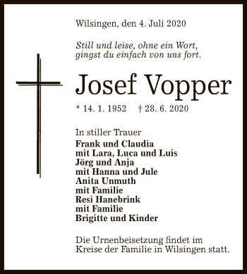 Anzeige von Josef Vopper von Reutlinger General-Anzeiger