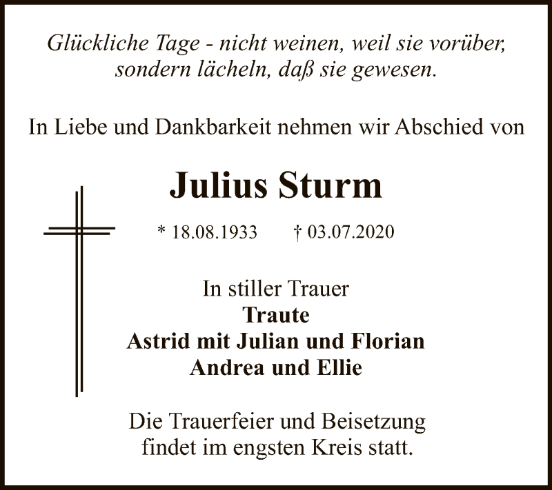  Traueranzeige für Julius Sturm vom 08.07.2020 aus Reutlinger General-Anzeiger