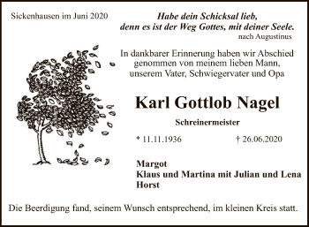 Anzeige von Karl Gottlob Nagel von Reutlinger General-Anzeiger