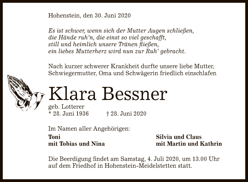  Traueranzeige für Klara Bessner vom 02.07.2020 aus Reutlinger General-Anzeiger