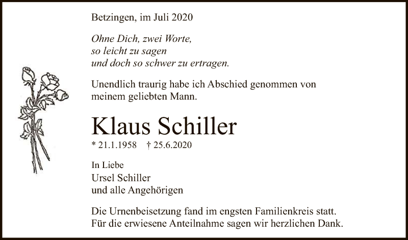  Traueranzeige für Klaus Schiller vom 04.07.2020 aus Reutlinger General-Anzeiger